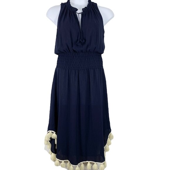 Misa Los Angeles Size Small Dress Fitted Waist Sleeveless Navy Blue Tasseled Hem
